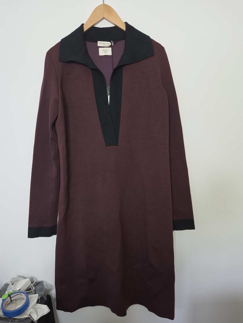 Bottega Veneta Burgundy Cashmere Knit Dress with Black Trim NWT Size 42 (Size 6)